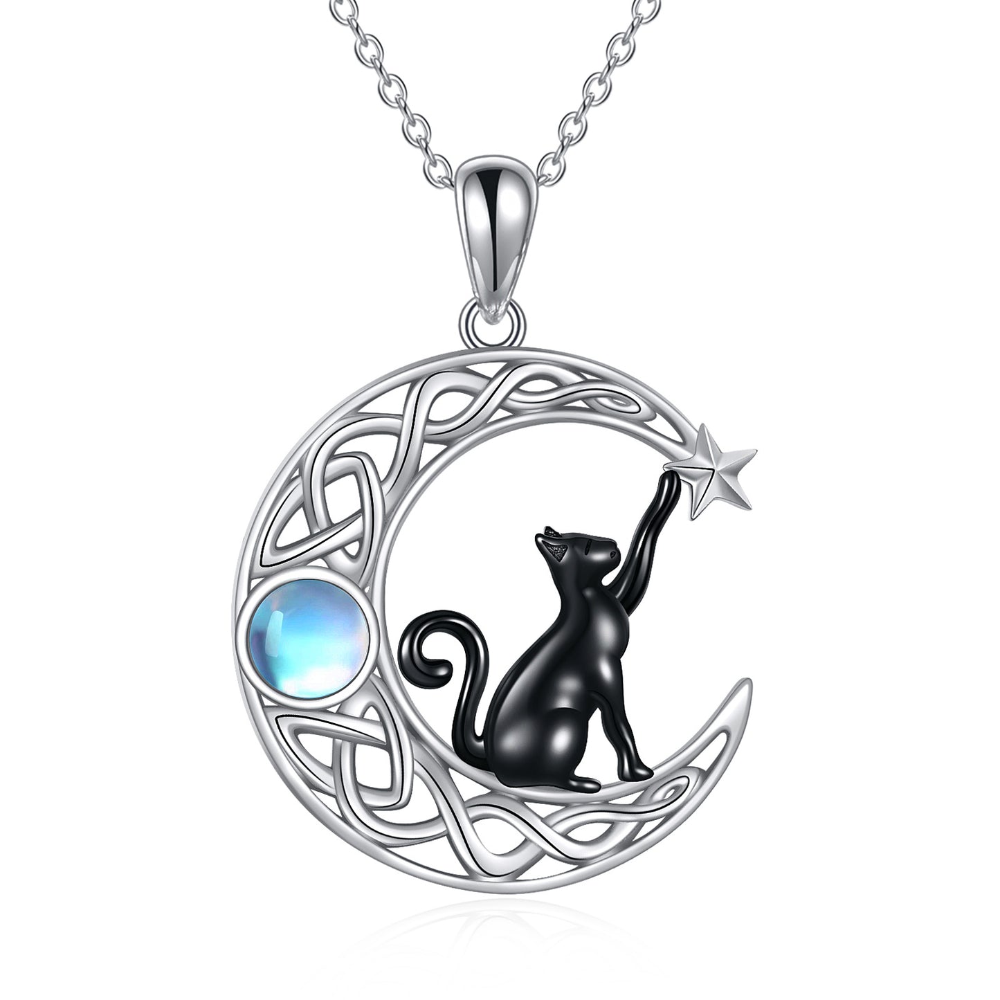 Moonstone Celtic Moon Black Cat Necklace