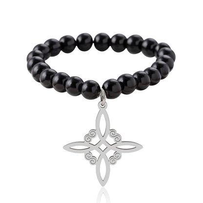 Stainless Steel Witch Irish Knot Charm Beaded Bracelet Black Celtic Knot Elastic Bracelets