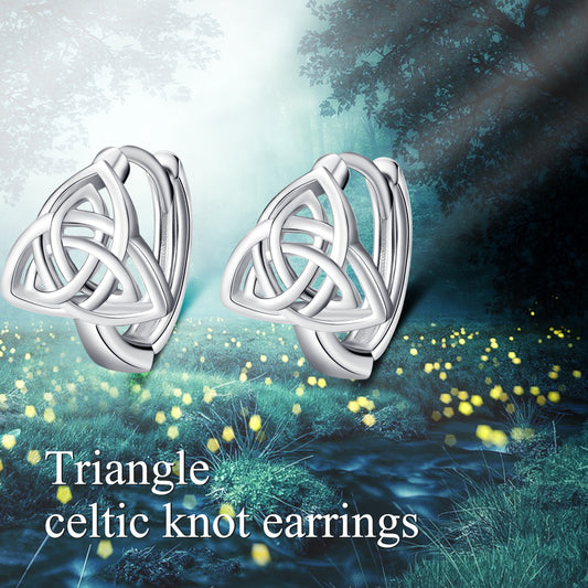 Sterling Silver Luck Irish Hugie Triangle Celtic Knot Hoop Earrings