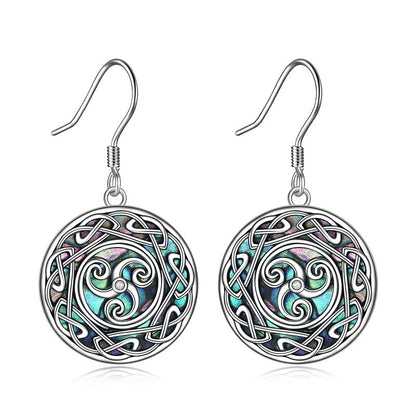 Viking Celtic Triskele Trinity Knot Dangle Earring with Abalone Shell Sterling Silver Good Luck Irish jewelry